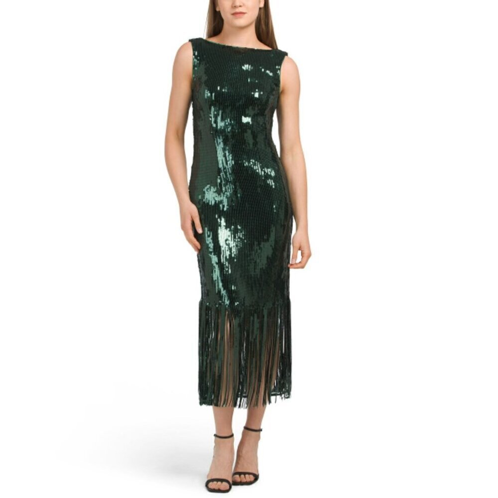 NWT Nanette Lepore Women's Boat Neck Sequin Fringe Hem Maxi Dress